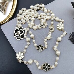 Luxury Ethereal Camellia Flower Gold Pearl 2 Strand 36" Statement Necklace